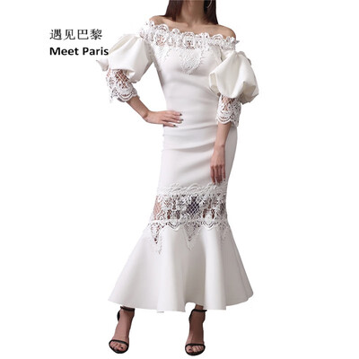 

Vintage Lady Sexy Off Shoulder Puff Sleeve Back Lace Mermaid Dress