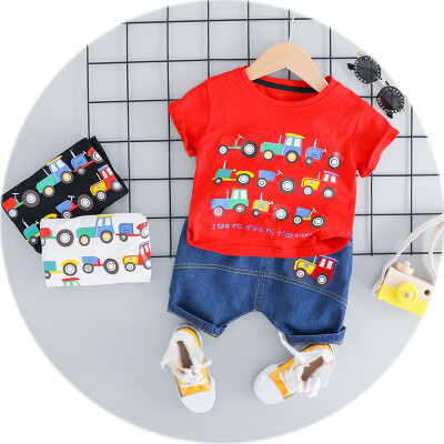 

Cartoon Car Boy Clothes Set Print Cartoon T-shirt Denim Shorts Fashion Casual Toddler Kids Clothes Set