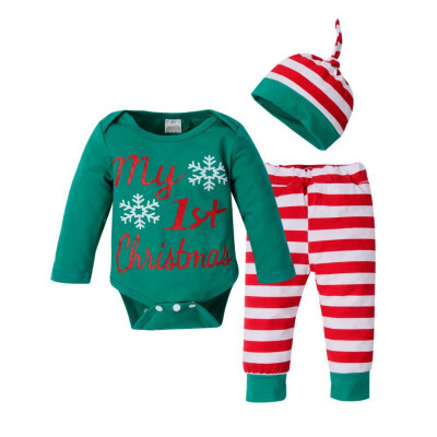 

New Winter Autumn Newborn Baby Girls First Christmas Clothes Romper Pants Hat Outfits 3PCS Xmas Clothing