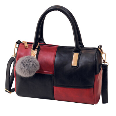 

Lady Pompom Pendant Color Block Faux Leather Tote Handbag Crossbody Shoulder Bag