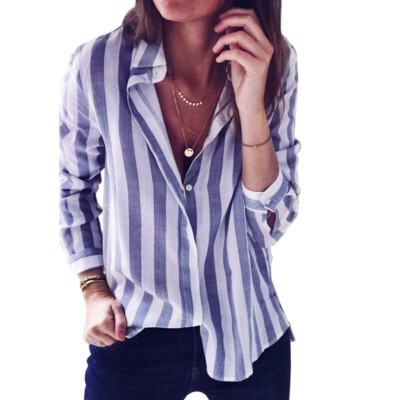 

Ladies Striped Long Sleeve Turn Down Collar Button Loose Blouse Shirt Spring Summer Womens Tops And Blouses Casual Tees