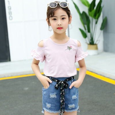 

New Summer Baby Girls Casual Fashion Short Sleeve Floral Print T-shirt TopsDenim Shorts Suits Costume Set