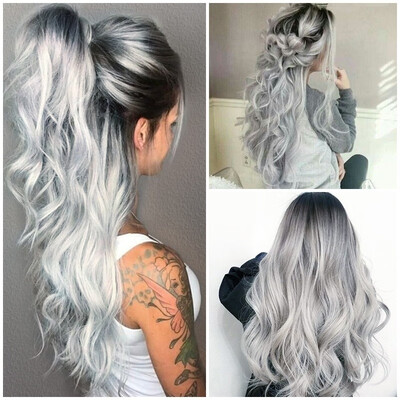 

2020 New 28" Ladies Full Wigs Hair Long Wavy Gray Silver Wig Synthetic Hair
