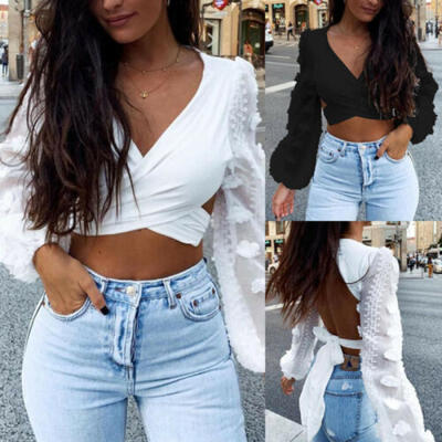 

Women Backless Mesh Ruffle Long Sleeve Shirt Bandage Casual Cami Blouse Crop Top