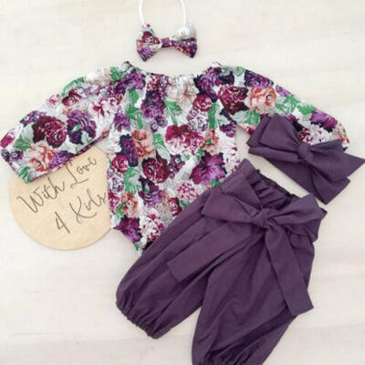 

US Stock Newborn Baby Girls Floral Romper Pants Headband Outfit Clothes 3PCS Set