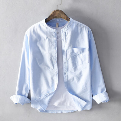 

New Oxford spinning collarless mens shirt mens casual standing collar four season long sleeve shirt