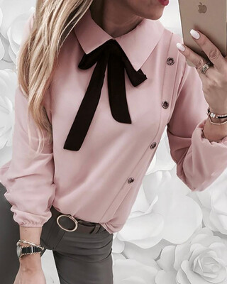 

Women Autumn Stylish Sweet Elegant Bow-knoted Solid Color Long Sleeve All-match Concise Blouse