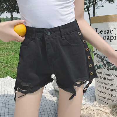 

Summer Women Shorts Fringed Edging Black High Waist Denim Shorts Pockets Female Loose Ring Streamers Wide Leg Hot Shorts