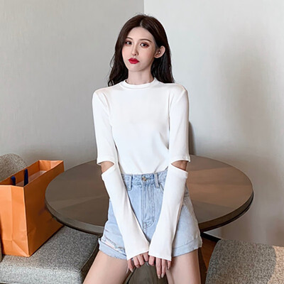 

Casual Women T Shirt Loose Hollow Out Round Collar Spring Solid Color Loose Long Sleeve Casual Simple Wild T-Shirt