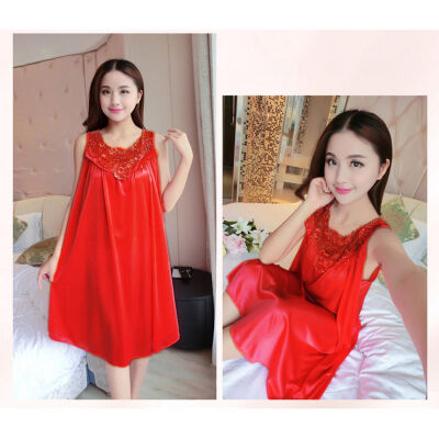 

Women Summer Nightdress Vest Chemise Fat MM Lingerie Lace Ice Silk Long Home Clothing