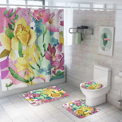 

〖Follure〗Flowers Shower Curtain Floor Mat Four-piece Bathroom Mat Set