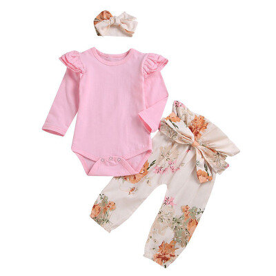 

Baby Girl Clothes 3PCS Floral Trousers Headband Sets Spring Summer Baby Girl Adorable Long Sleeve Romper Tops