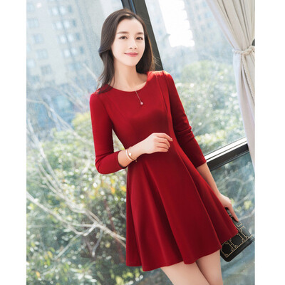 

Autumn A-Line Mini dress woman long Sleeve o-neck solid color slim fit female Bodycon elegant vestidos
