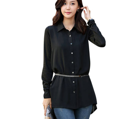 

Women Blouses Loose Summer Standing Collar Long-sleeved Casual Blouse Black Chiffon Shirt Tops Female Plus Size -4XL