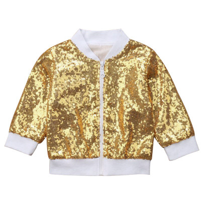 

Children Personality All-match Casual Sequin Zipper Long Sleeve Solid Color Girl Jacket