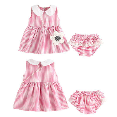 

High Quality Cute Baby Girl Dress Children Cotton Polyester Summer Sleevsless Solid Plaid Flower Bag Lace O-Neck Princess Sets