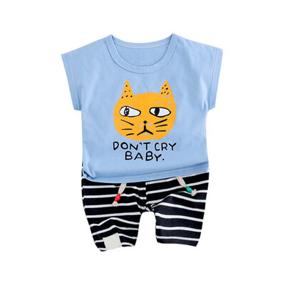 

Summer Baby Boys Girls Cat Print T-Shirt Tops Stripe Pant Suits Casual Short Sleeve Outfits Sets