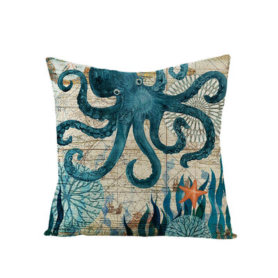 

Ocean Creature Octopus Sea Horse Sea Turtle Home Decor Vintage Pillow Case Square Marine Life Print Pillow Case