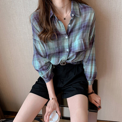 

Plus Size Fashion Women Tops&Blouses Female Casual Loose Blouse Long Sleeve Button Plaid Shirt Top blusas mujer de moda 2019