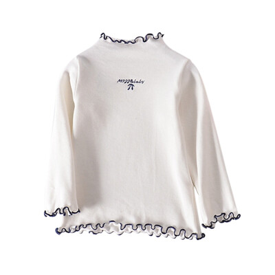 

2-8T Autumn Long-Sleeved Girls Embroidered Ruffled Children T-shirt Half-High Collar Lace Bottoming T-Shirt