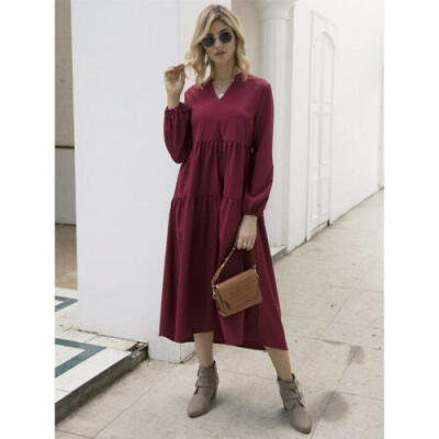 

Vintage Women Long Sleeve Dress Cotton Loose Maxi Dress Ladies Summer Kaftan