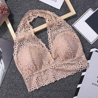 

Sexy Detachable Chest Pad Lace Print Patchwork Camisole Women Deep V-Neck Solid Color Halter Sleeveless Ladies Underwear