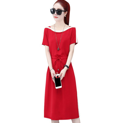 

Casual Summer Dress For Women Short Sleeve O Neck Patchwork Dresses Fashion Lace Up Female A-line Dress Knee-Length Vestido