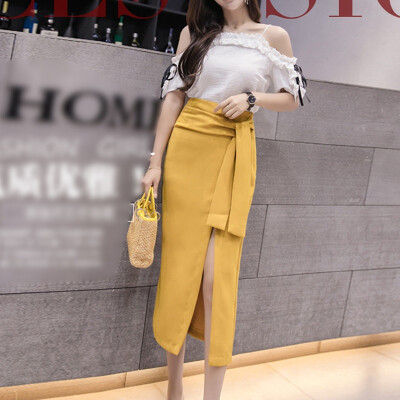 

Women Summer Split Straps Long Section Irregular OL Bag Hip Simple Wild A Word Skirt