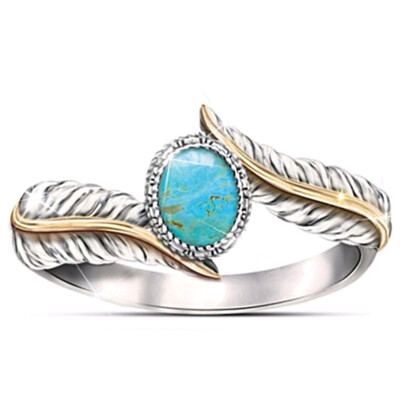 

Women Fashion Jewelry Turquoise Gemstone Feather Ring Wedding Finger Ring Gifts