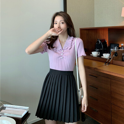 

Wooden ear versatile sweet Slim doll collar female T-shirt fashion sweet beads decorative comfort wild shirt