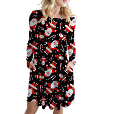 

Tailored Fashion Women Chrismas Santa Claus Print Pocket O-Neck Long Sleeves Dress