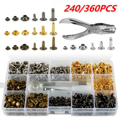 

240360Pcs Leather Rivets Double Cap Rivet Tubular Metal Studs 2 Sizes with Punch Pliers