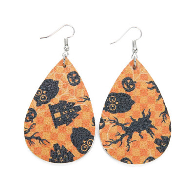 

guangxichuangshengxinfu 1 Pair Chic Halloween Skull Pumpkin Teardrop PU Leather Bohemia Dangle Drop Earrings