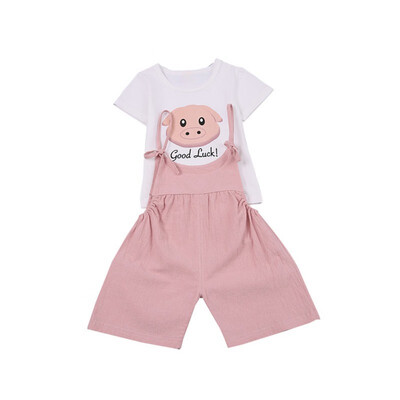 

Summer Baby Girl Short Sleeve Cotton T-shirt Blouse Cartoon Print Strap Shorts Casual Outfits Set Cute Kids Clothes