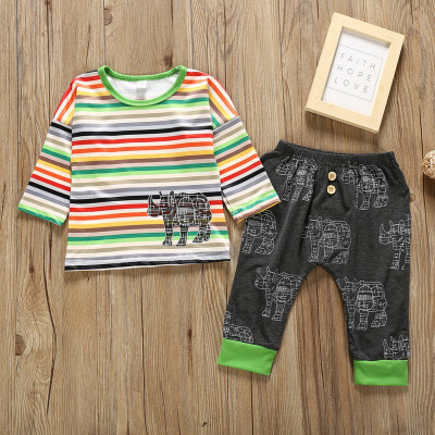 

Spring Autumn Casual Baby Boy Colorful Striped Printing Long Sleeve Top And Trousers Kids Two-piece Outfit Set