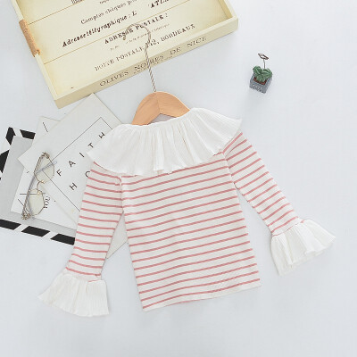 

Children Cotton Cute Striped Print Lotus Leaf Collar Wear Bottoming Long Sleeved Cotton Casual t-Shirt