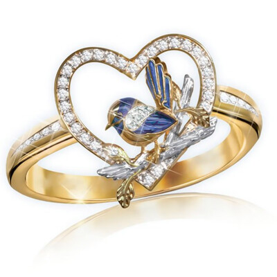 

Gold Heart Ring With Crystal Rhinestone Stone Blue Sapphire Bird Sparrow Rings For Family Birthday Lady Best Gift Ring