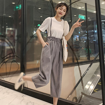 

Summer Womens New Style Elegant Fashion Design Casual Two Pieces Set Fashion O-Neck Solid Top And Calf-Length Overalls Set