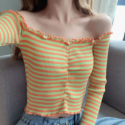 

Sexy Slash Neck T-shirt Long Sleeve Knitted Top Summer Cropped Top Women Striped Tee Shirt