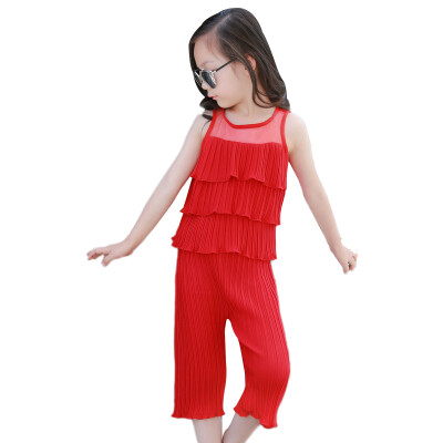 

2pcs Summer Baby Girls Fashion See-through Sleeveless Solid Print T-shirt TopsCropped trousers Children Kids Girl Costume Set