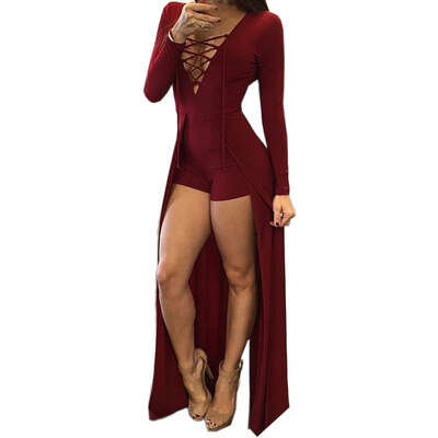 

2016 Women Jumpsuits Sexy Solid Skinny Summer Women Rompers Lace Hollow Out Deep V-Neck Maxi Overlay Romper