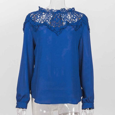 

Sexy Women Summer Solid Lace Hollow Out Blouse Round Neck Collar Long Sleeve Slim Body Casual Fashion Chiffon Blouses