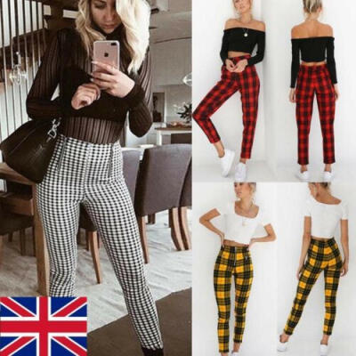 

Women Tartan Plaid High Waist Trousers Ladies Checked Slim Fit Long Pencil Pants