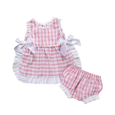 

Summer Baby Girls Sleeveless Plaid Print Apron TopsShorts Suits Casual Outfits Sets