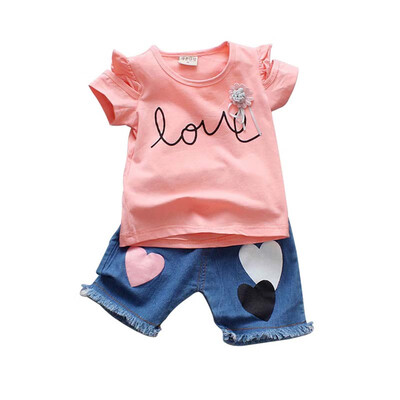 

Summer new childrens clothing baby girls clothes English print short-sleeved T-shirtdenim shorts two-piece