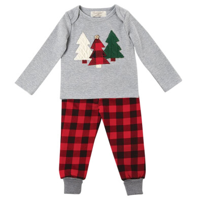 

Fashion Autumn Cotton Printed 3 Tree O-neck Children Printed Long Sleeve T-shirt Long Black And Red Grid Pants Set Clothes Kid