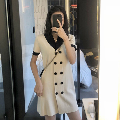 

2019 Women Summer Elegant Fashion Design New Style Sweet Cute Casual Loose Lapel Double Buttons Decor Concise All-match Dresses
