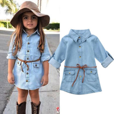 

UK Stock Kids Girl Jeans Denim Pocket Long Sleeve T-shirt Loose Shirt Mini Dress