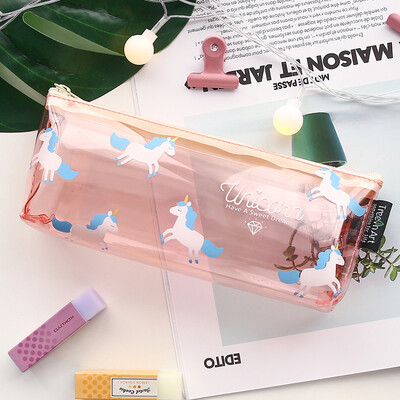 

PVC Korean Transparent Zipper Unicorn Pencil Pouch for Teen Girls School Supplies Stationery