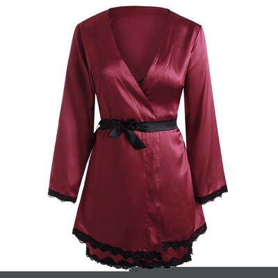 

Lace Trim Satin Plus Size Chemise&Robe